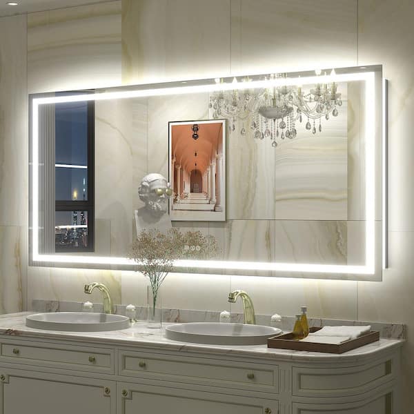 60 in. W x 28 in. H Rectangular Frameless Front & Back LED Lighted Anti-Fog Tempered Glass Wall Bathroom Vanity Mirror