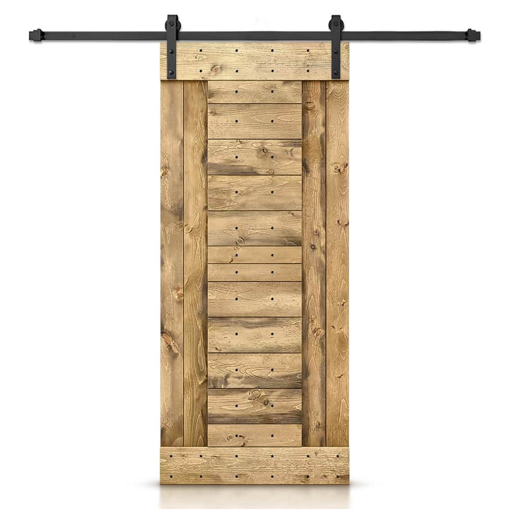 Weather Oak Stained Knotty Pine Wood Sliding Barn Door Kit with Matte Black Hardware