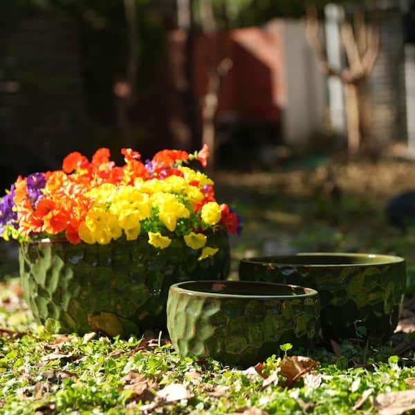 Set of 3 7.5 in. Antique Green Ceramic Flowerpot-Round Modern Planter with Drainage Hole, Frost and Weather Resistant