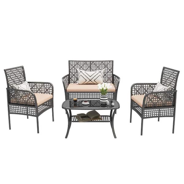 4 Pieces Outdoor PE Rattan Wicker Conversation Set with Beige Cushions
