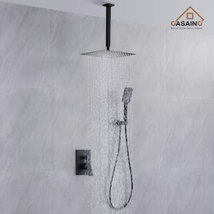 3-Spray 12 in. Ceiling Mount Dual Shower Heads 2.5 GPM Fixed and Handheld Shower Head in Matte Black (Valve Included)