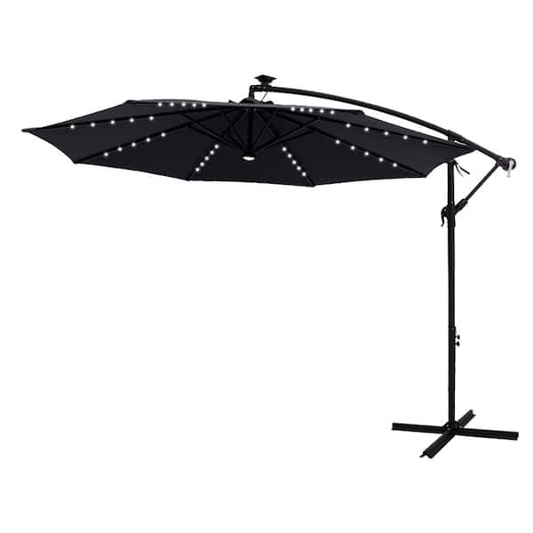 FLAME&SHADE 10 ft. Steel Cantilever Solar Lighted Patio Umbrella with Cross Base Stand in Anthracite Solution Dyed Polyester