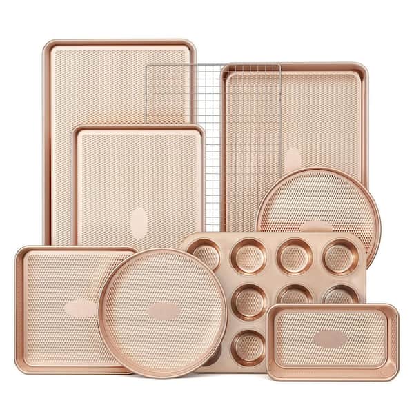 Gold Nonstick Carbon Steel 9pcs Baking Pans Set with Diamond Texture, Cookie Sheet, Cake Pan, Roasting Pan, Muffin Tin