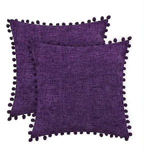 Pack-2 Outdoor Throw Pillow Cases Cozy Solid Dyed Soft Chenille Cushion Covers with Pom Poms