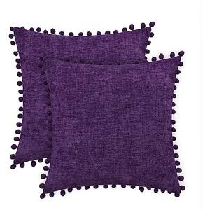 Pack-2 Outdoor Throw Pillow Cases Cozy Solid Dyed Soft Chenille Cushion Covers with Pom Poms