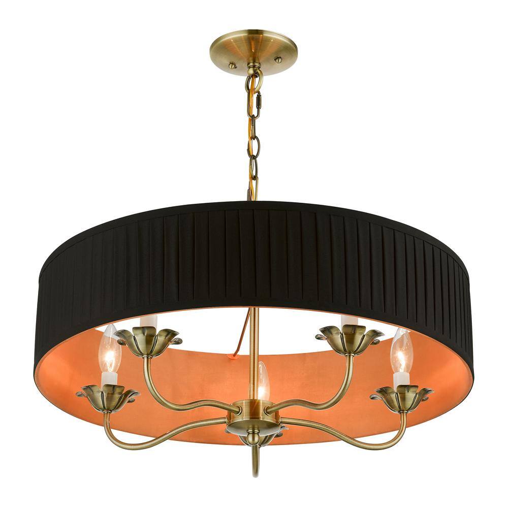 Antique Brass Floral 5-Light Drum Chandelier with Pleated Shade