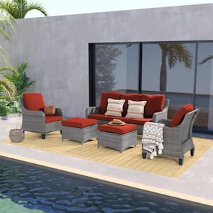 5-Piece Gray Wicker Outdoor Conversation Seating Sofa Set, Rust Red Cushions with 3-Seater Sofa, Ottomans