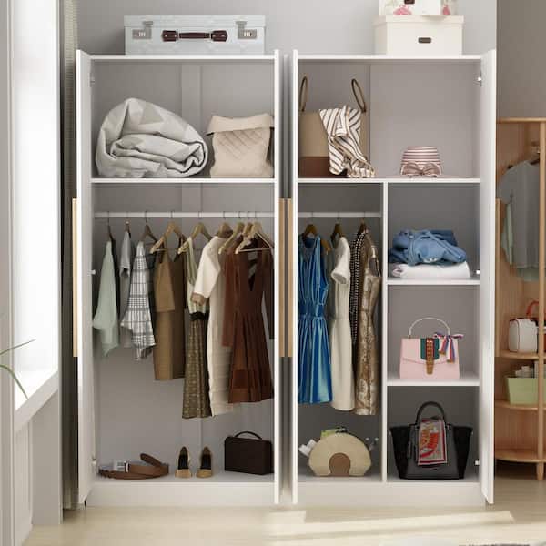 White 63 in. W 4-Door Wardrobe Armoire with Hanging Rod and Storage Shelves (70.9 in. H x 19.7 in. D)