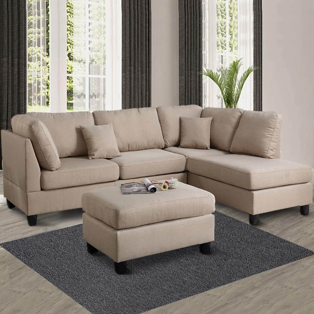 Beige Linen 3-Piece Sectional Sofa with Ottoman