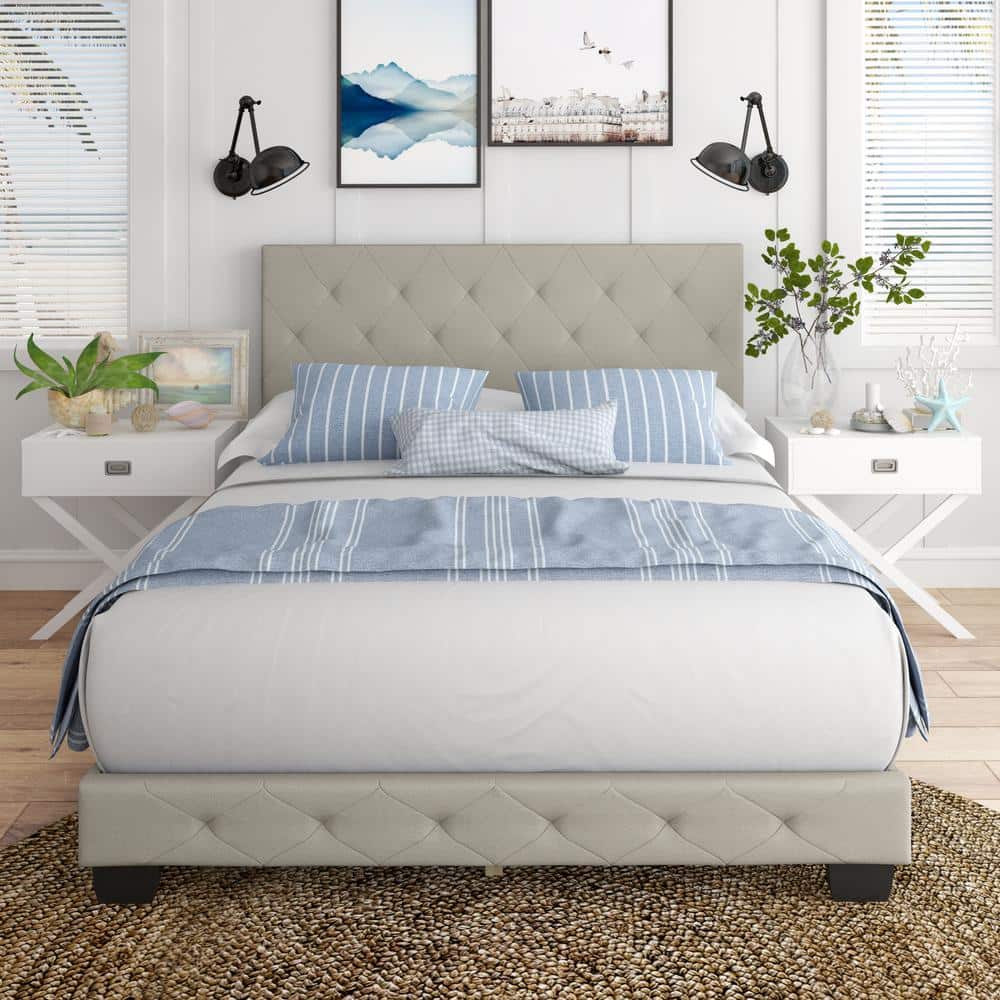 Chloe Beige Linen Full Size Fully Upholstered Platform Bed Frame with Adjus
