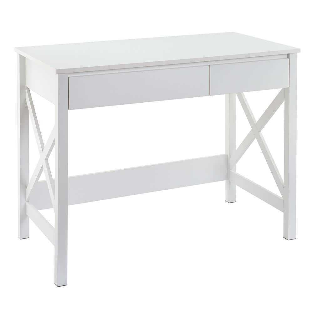 X-Frame Coastal White Composite Writing Desk with Drawers