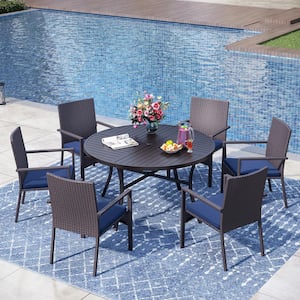 Black 7-Piece Metal Round Patio Outdoor Dining Set with Rattan Chair with Blue Cushions