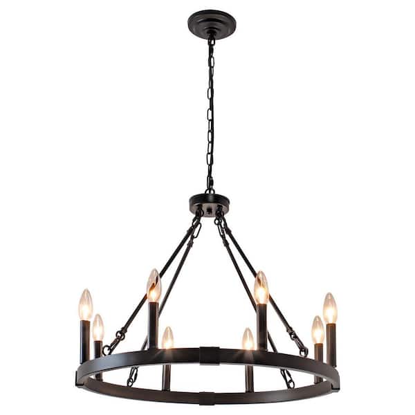 23.6 in. 8-Light Matte Black Wagon Wheel Chandelier