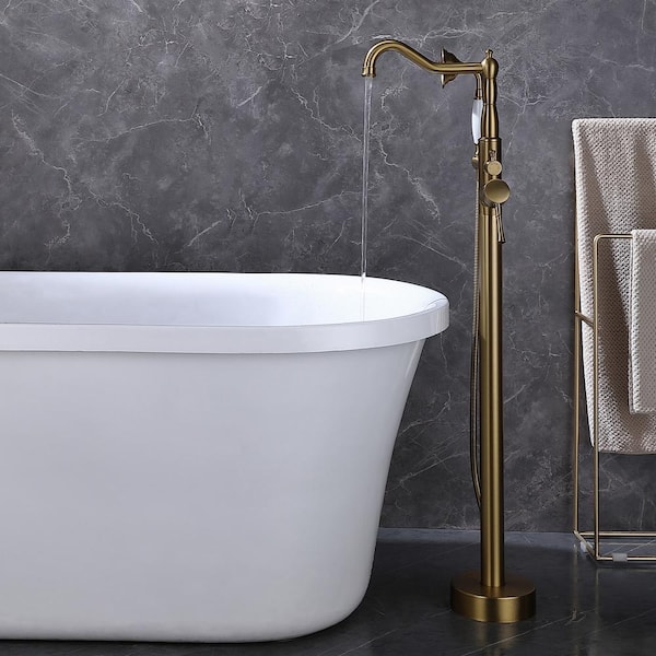 2-Handle Freestanding Tub Faucet with Hand Shower in Brushed Gold