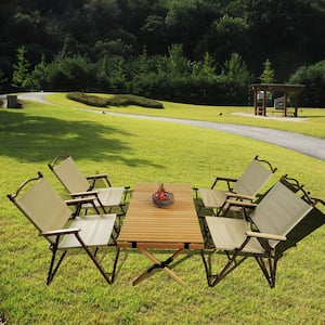 5-Piece Wood Outdoor Dining Set with 4 Folding Chairs and Roll-Up Tabletop, Natural