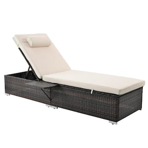 Brown Wicker Outdoor Chaise Lounge Recliner with Elegant Reclining Adjustable Backrest and Beige Cushions (Set of 2)