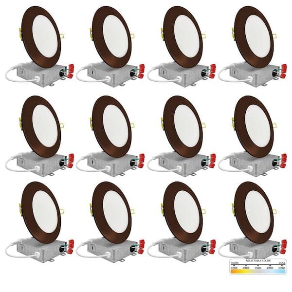 4 in. Bronze Trim 5CCT 27K-50K Ultra Thin Canless New Construction IC Rated Integrated LED Recessed Lighting Kit 12 Pack