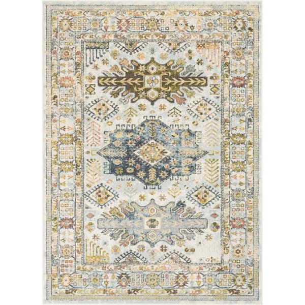 Well Woven Farah Novalie Ivory Vintage Patchwork Botanical Border 5 ft. 3 in. x 7 ft. 3 in. Area Rug