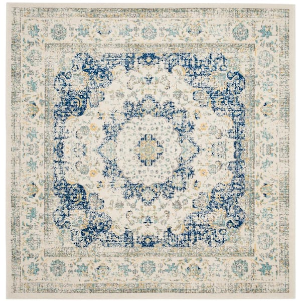 SAFAVIEH Evoke 7 ft. x 7 ft. Ivory/Blue Square Border Medallion Distressed Area Rug