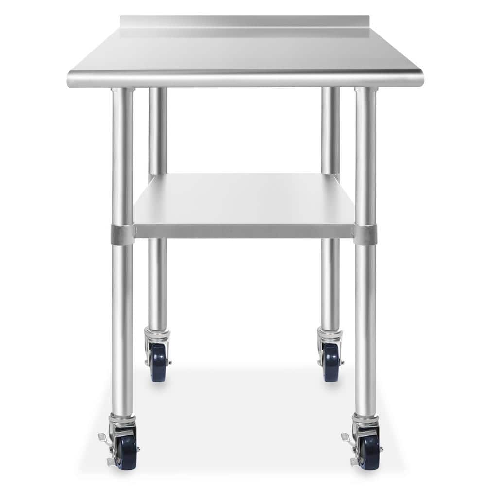 Stainless Steel Commercial Prep Table with Backsplash and Wheels