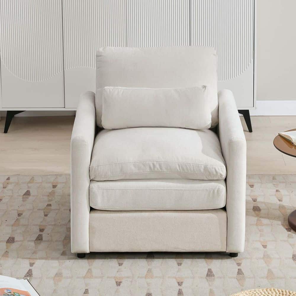 Beige Chenille Mid Century Modern Accent Arm Chair Upholstered Lounge Chair