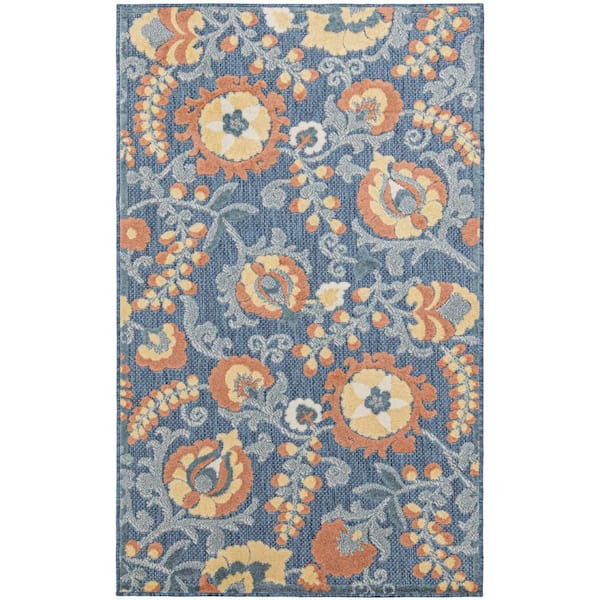 Aloha Blue Rose 3 ft. x 4 ft. Floral Contemporary Area Rug