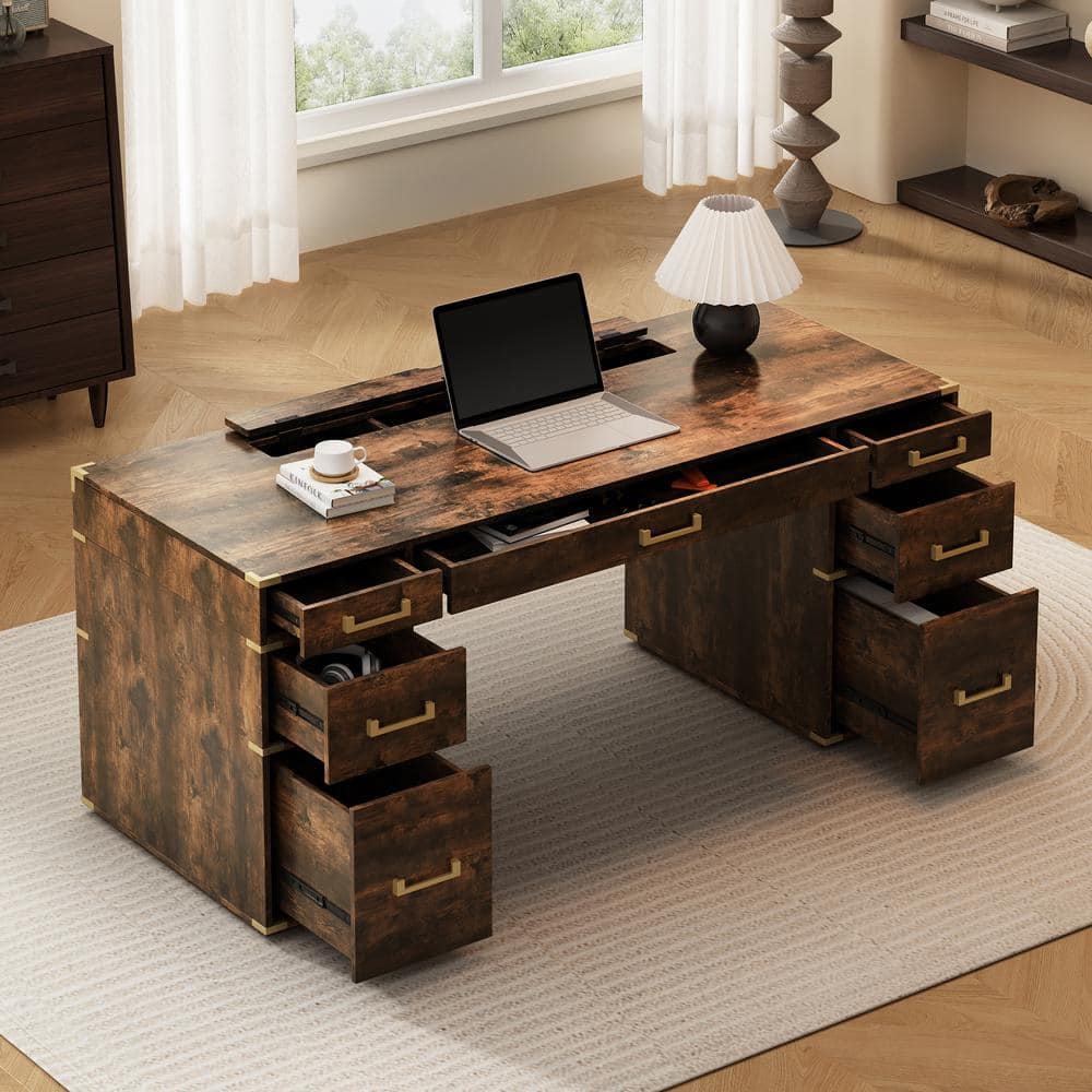 70 in. Rectangular Brown MDF 7-Drawer Traditional Executive Desk with Metal