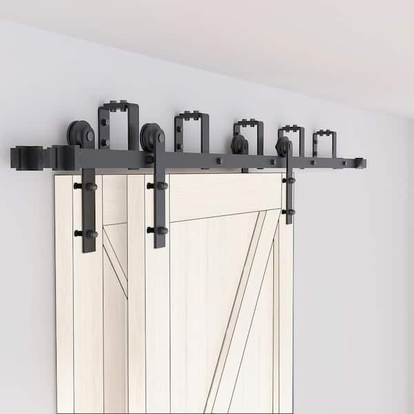 WINSOON 18 ft./216 in. Black Bypass Sliding Barn Hardware Track Kit for Double Wood Doors with Non-Routed Door Guide