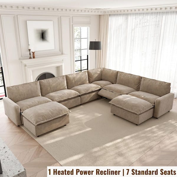 Power Recliner 140 in. Square Arm Khaki Linen 8-Piece U-Shaped Modular Sectional Sofa w/ Ottomans, 3-Heat Levels