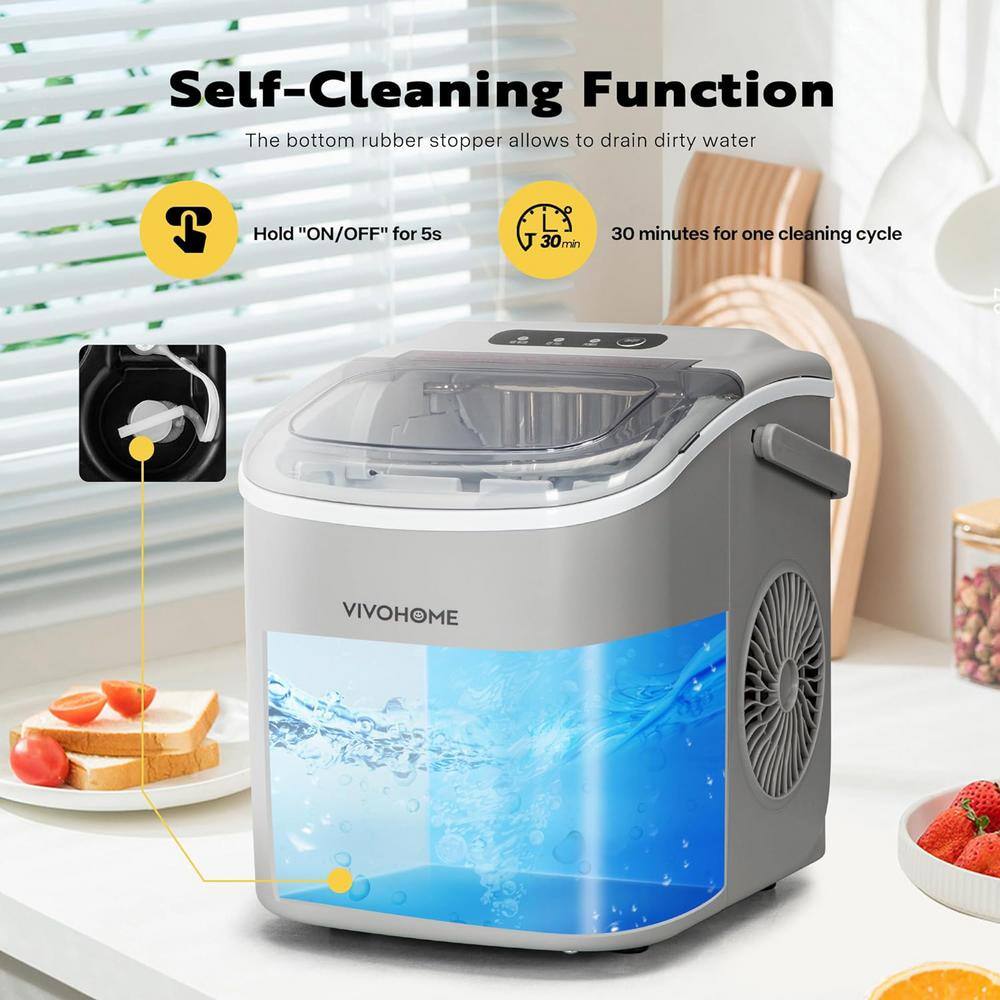 Compact Gray Portable Ice Maker with Handle and Self-Cleaning Function