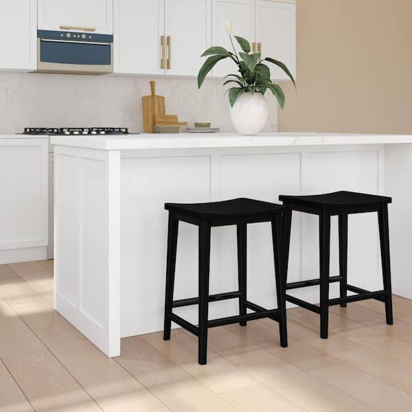 PLANK+BEAM Smythe 24 in Black Backless Wood Counter Stool with Saddle Seat (Set of 2)