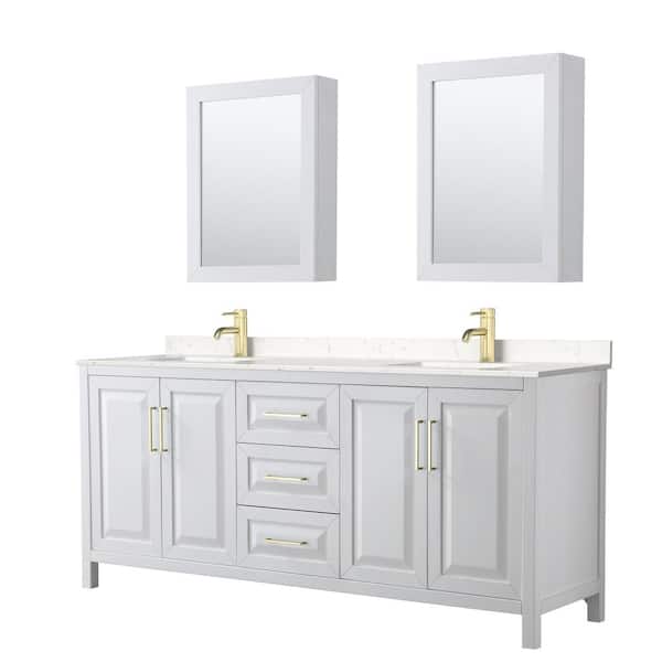 Wyndham Collection Daria 80 in. W x 22 in. D x 35.75 in. H Double Sink Bath Vanity in White with Carrara Cult. Marble Top and MC Mirrors