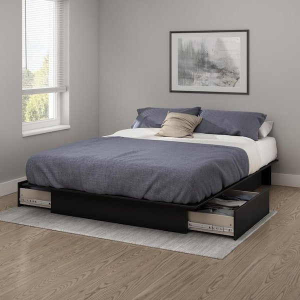 Step One Pure Black Queen Platform Bed with Storage