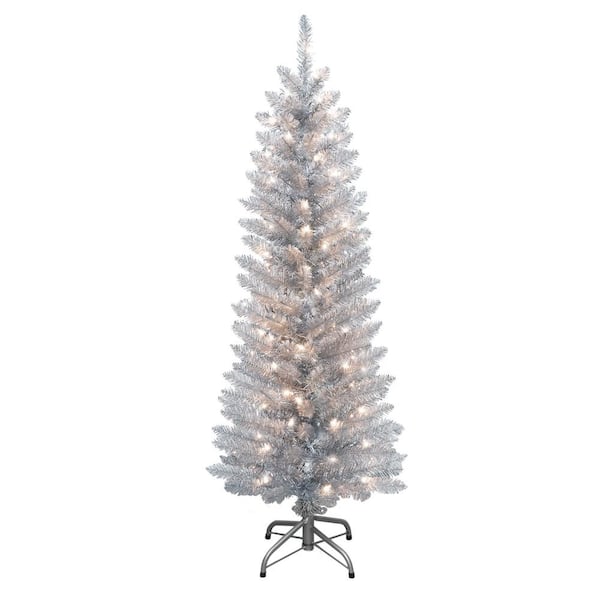 Puleo International 4.5 ft. Prelit Silver Tinsel Artificial Christmas Tree