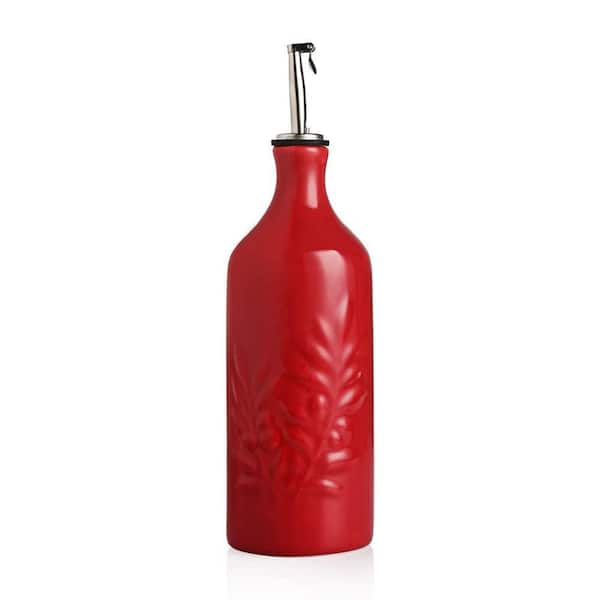 20 oz. Red Ceramic Olive Oil Dispenser Bottle with Relief Design and Drip-Free Spout