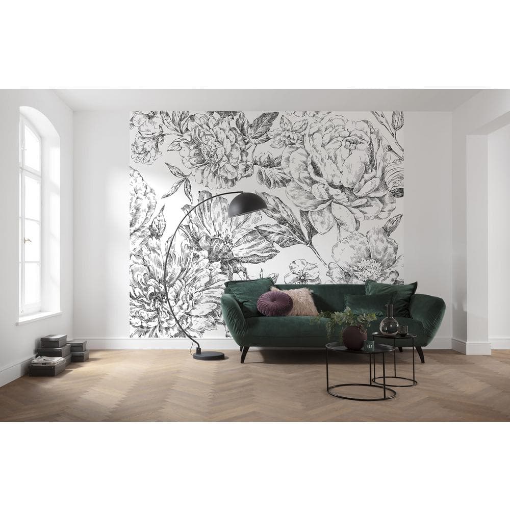 White and Charcoal Floral Sketch Wall Mural