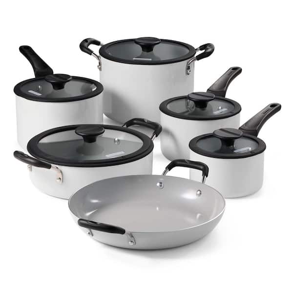 11-Piece Nesting Aluminum Ceramic Nonstick Cookware Set in Blanc de Blanc
