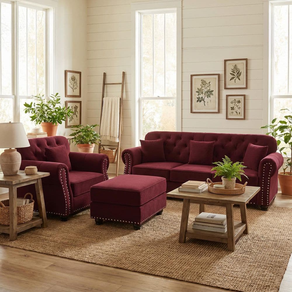 Camdany 4-Seater Velvet Sofa Set with Tufted Back, Nailhead Trim and Ottoman in Burgundy