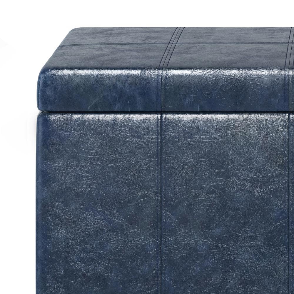 Denim Blue Tufted Faux Leather Storage Footstool
