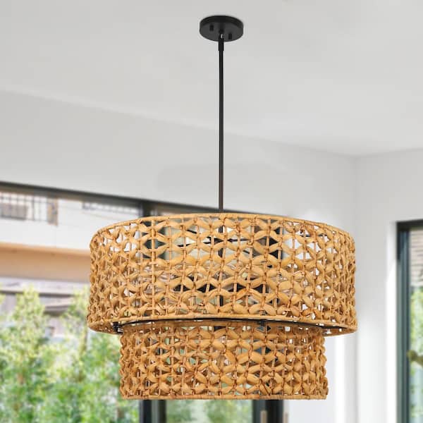 Farmhouse 26 in. 6-Light Black Boho Chandelier with 2-Tiered Rattan Woven Drum Shade for Dining Room, LED Compatible