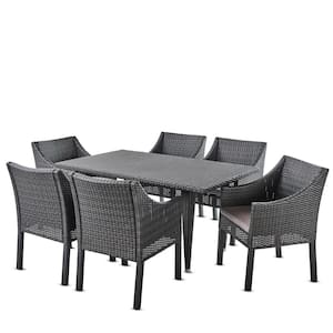 Alameda 29 in. Grey 7-Piece Metal Rectangular Outdoor Dining Set with Silver Cushions