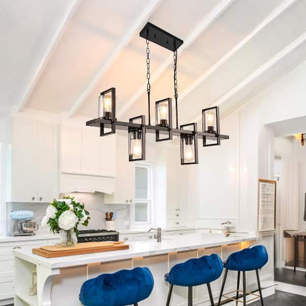 Retro 5-Light Black Farmhouse Metal Geometric Linear Chandelier Light Fixture for Kitchen Island Dinning Room Foyer