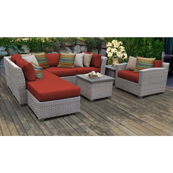 TK CLASSICS Florence 8-Piece Wicker Outdoor Patio Conversation Set with Terracotta Red Cushions