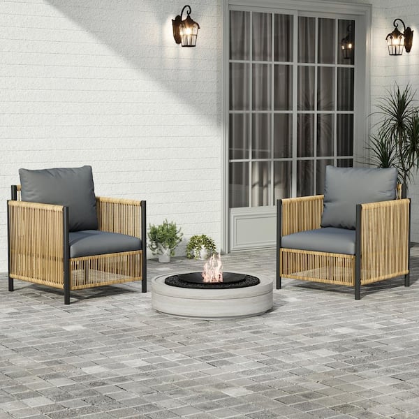 Unbranded Sleek and Vintage Brown Wicker Rope Outdoor Lounge Chair with Gray Cushions (2-Pack)