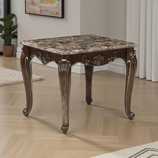 Hesar 26 in. Cherry Brown Rectangle Marble Side End Table with Wood Cabriole Legs