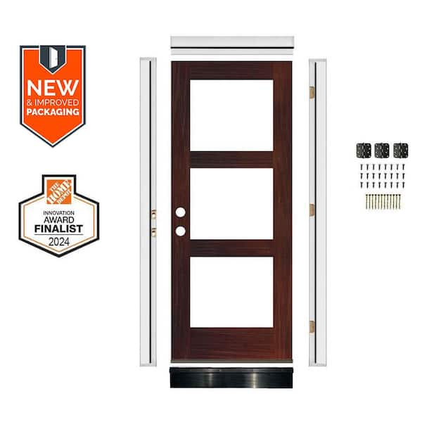 DIY 32 in. x 80 in.HemlockRight-Hand 3-Lite Clear Glass Red Mahogany Stain Wood Front Door Kit w/ Quick Assemble Jamb