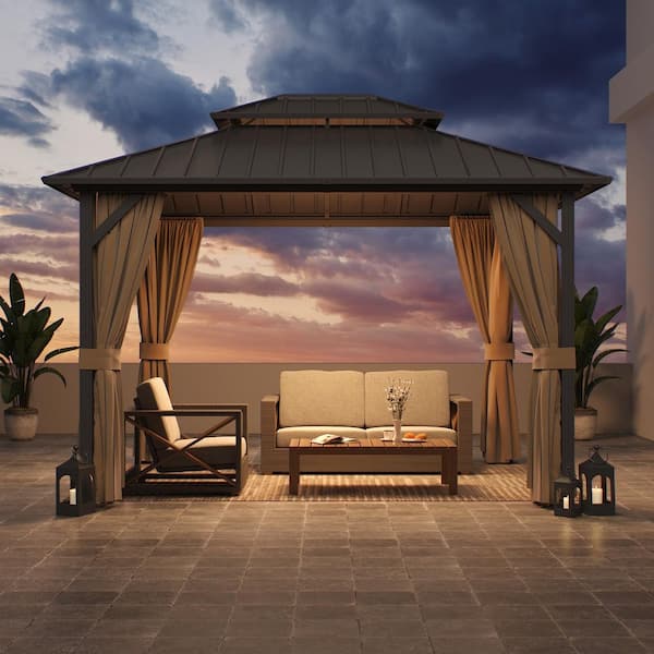10 ft. x 12 ft. Aluminum Hardtop Gazebo with Double Galvanized Steel Roof, Netting and Curtains for Patio and Backyard