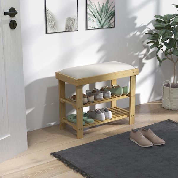 Bamboo Shoe Bench with Cushioned Seat, 23.6 in., Cream White