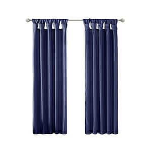 Natalie Navy Solid Polyester Faux Silk 50 in. W x 84 in. L Room Darkening Twisted Tab Curtain with Lining