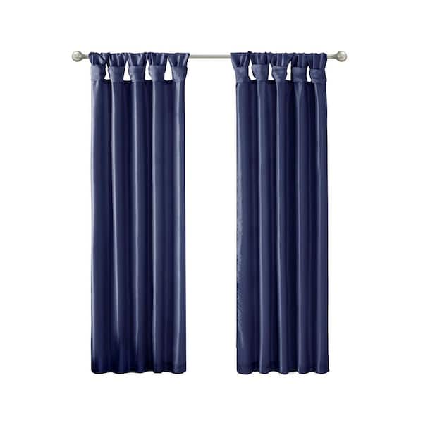 Madison Park Natalie Navy Solid Polyester Faux Silk 50 in. W x 120 in. L Room Darkening Twisted Tab Curtain with Lining